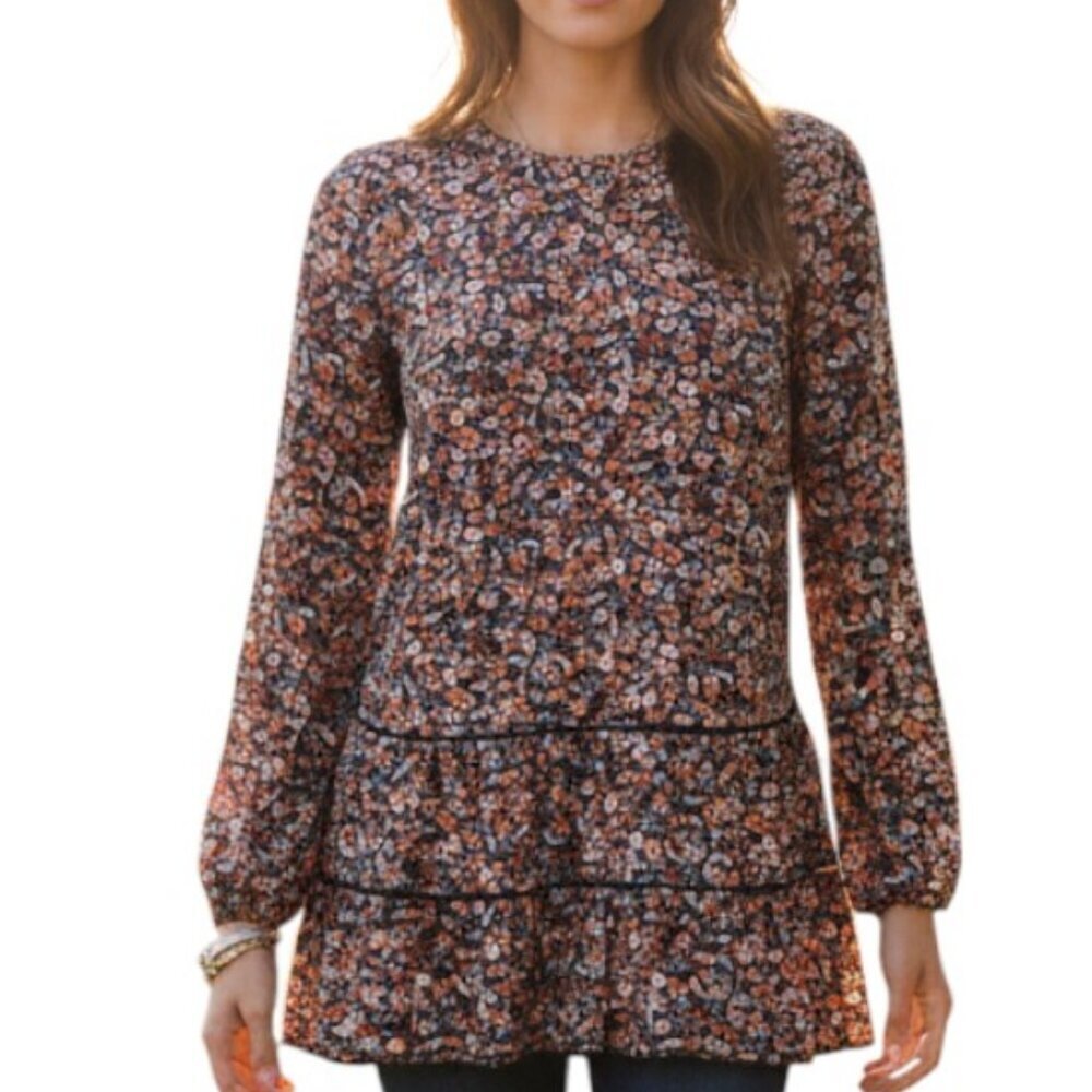 J Jill Printed Tiered Tunic Floral Size XS Navy Blue A-Line Smocked Long Sleeve